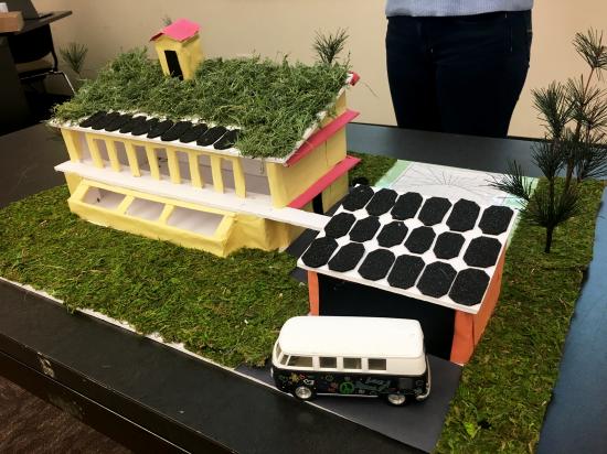 model of building and car with sustainable energy features like solar panels