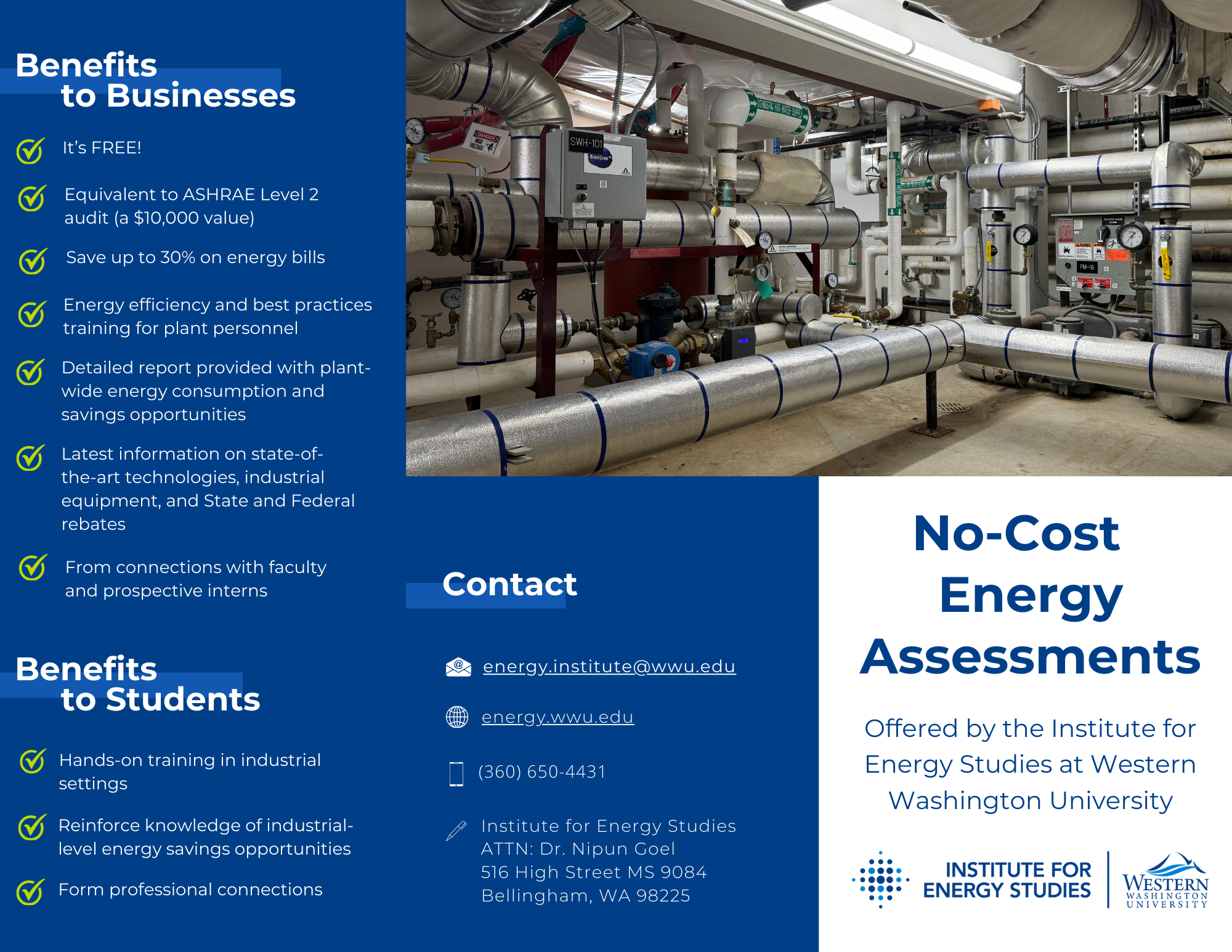 Page 1 of an explanatory brochure about the no-cost energy assessments offered by the Institute for Energy Studies
