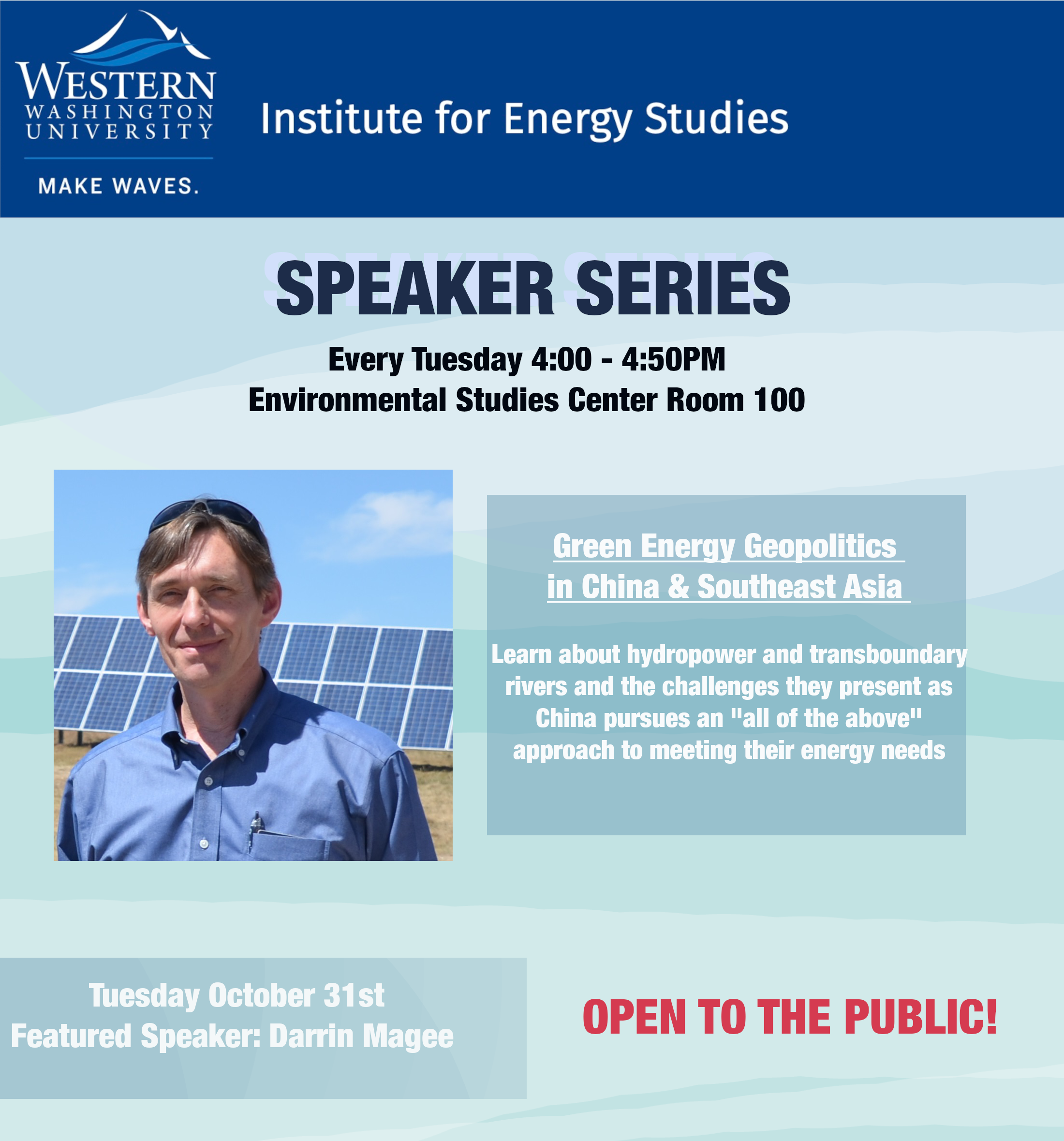 Event flyer with headshot of Darrin Magee. He is wearing a blue button down shirt and is standing in front of a bank of solar panels.