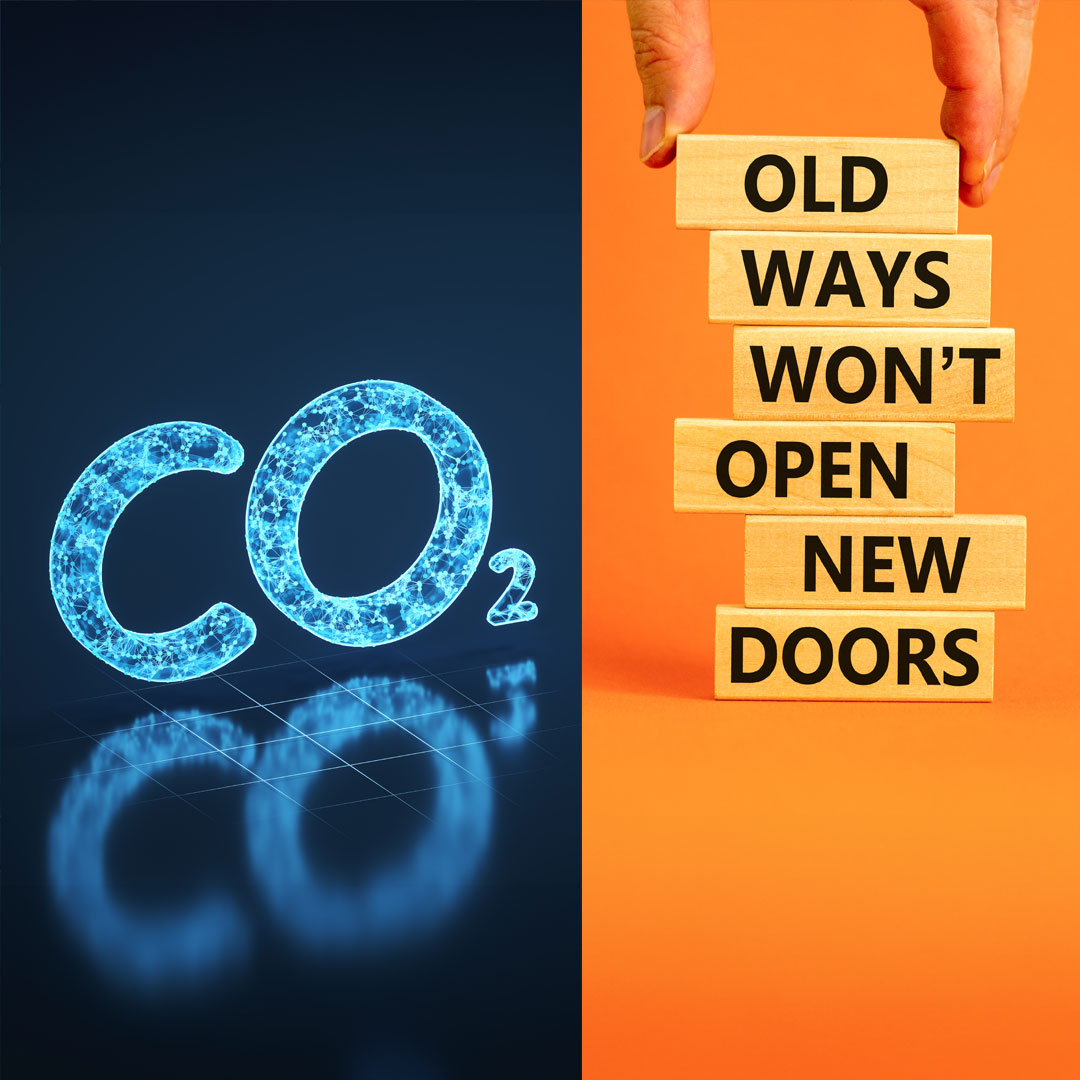 Graphic rendering of CO2 and a stack of tiles that reads old ways won&#039;t open new doors.
