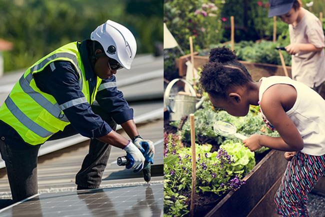 Montage of man installing solar panels on a roof and young children working in a garden raised bed of vegetables.